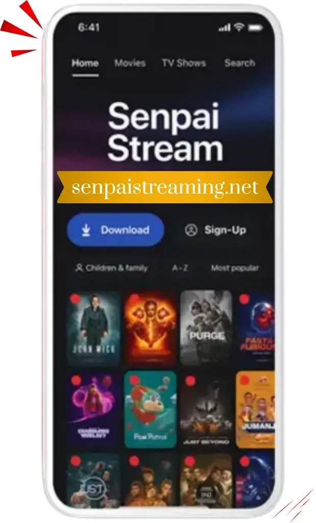 Senpai Stream home screen with movie posters, Download and Sign-Up